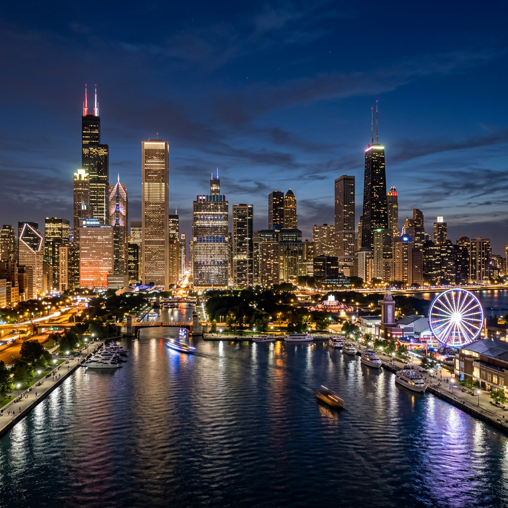 Chicago skyline at dusk with lights on skyscrapers and Navy Pier Ferris wheel