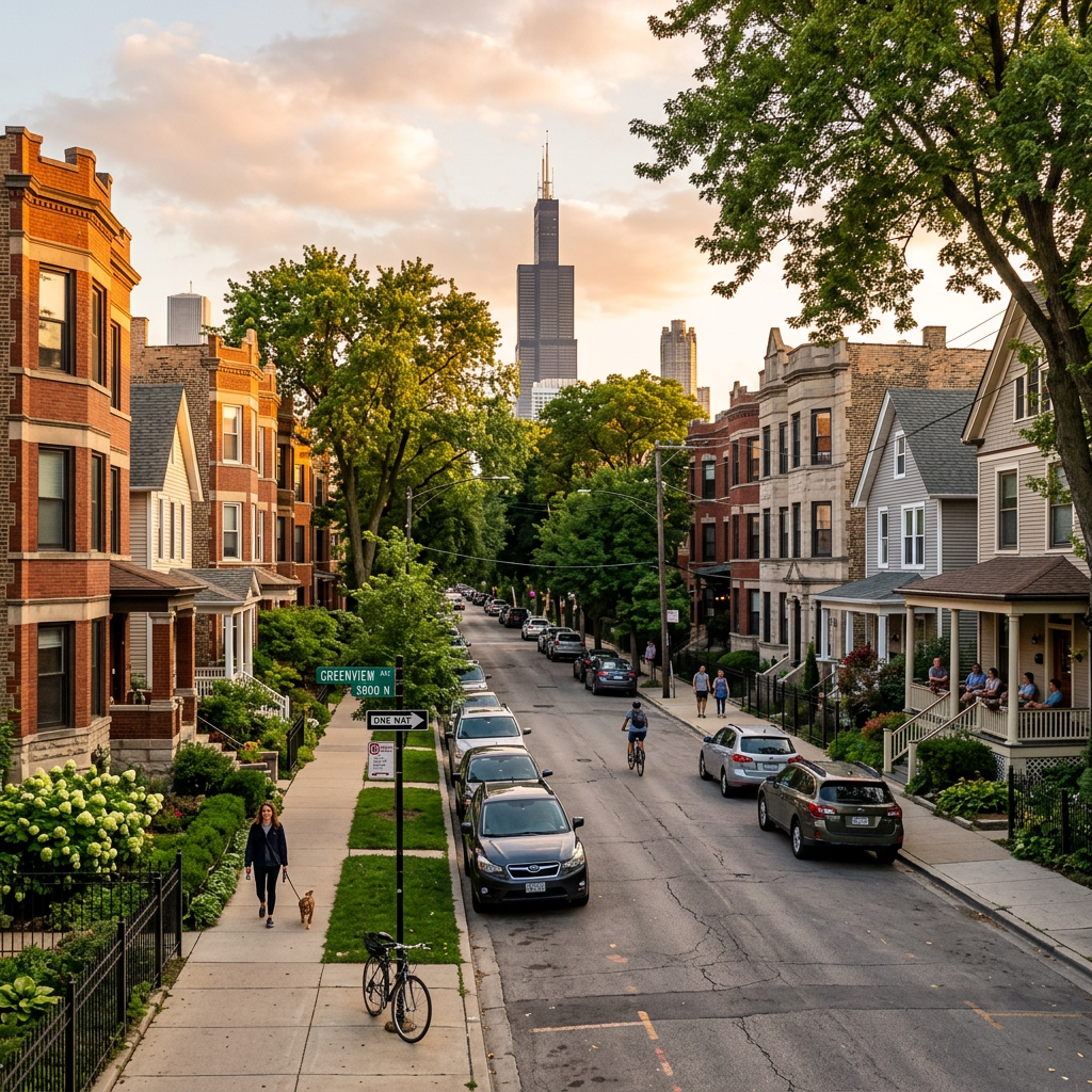 Chicago Neighborhood Street at Sunset Residential street in Chicago with brick buildings, trees, parked cars, pedestrians, and Willis Tower in the distance