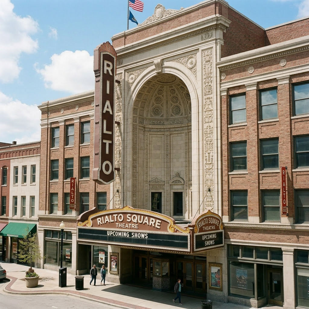 Downtown street with Rialto Square Theatre sign, cars, pedestrians, and historic buildings