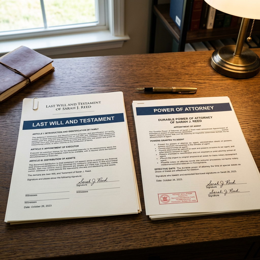 Last will and testament and power of attorney documents signed by Sarah J. Reed on a wooden desk